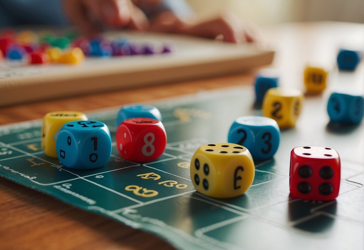 Children playing math board games with colorful game pieces and dice on a table with math equations and numbers in the background