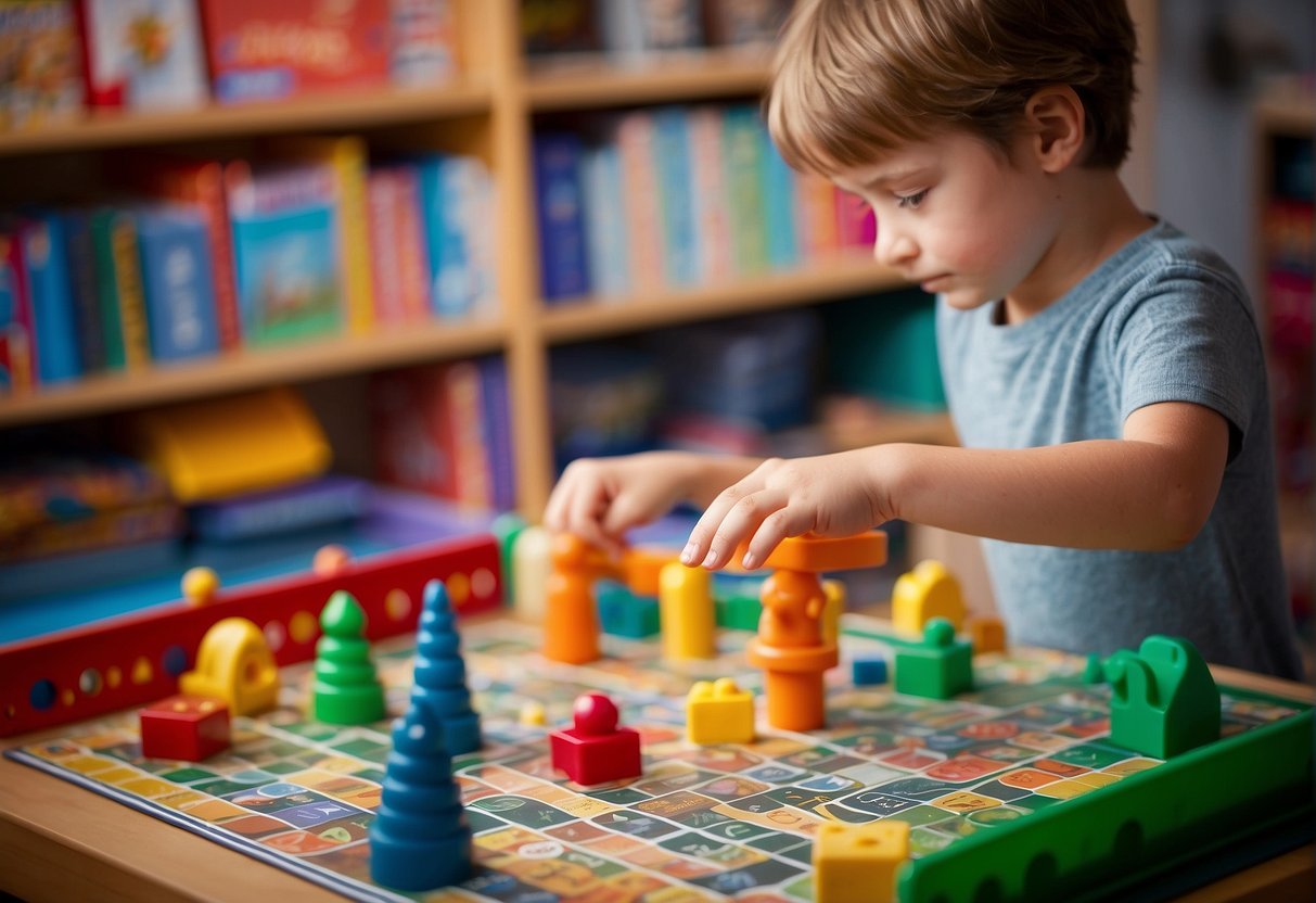 A child reaching for a colorful math board game on a shelf, surrounded by various other educational games and toys