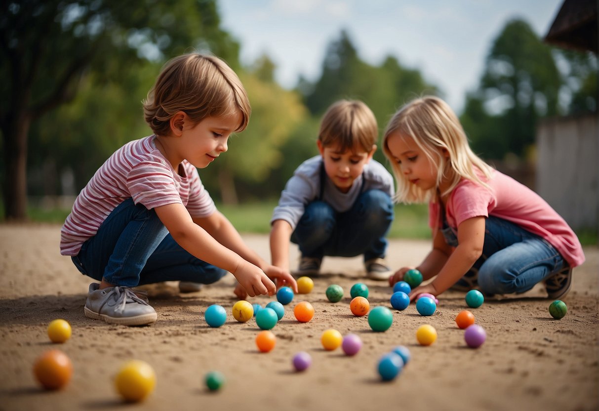 Children arranging marbles on a dirt surface, with colorful chalk lines marking game boundaries. Various sized marbles are neatly placed in a row, ready for play