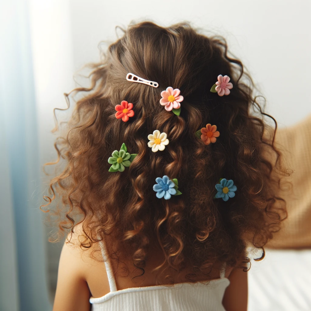 curly hair featuring minimal colorful flower clips