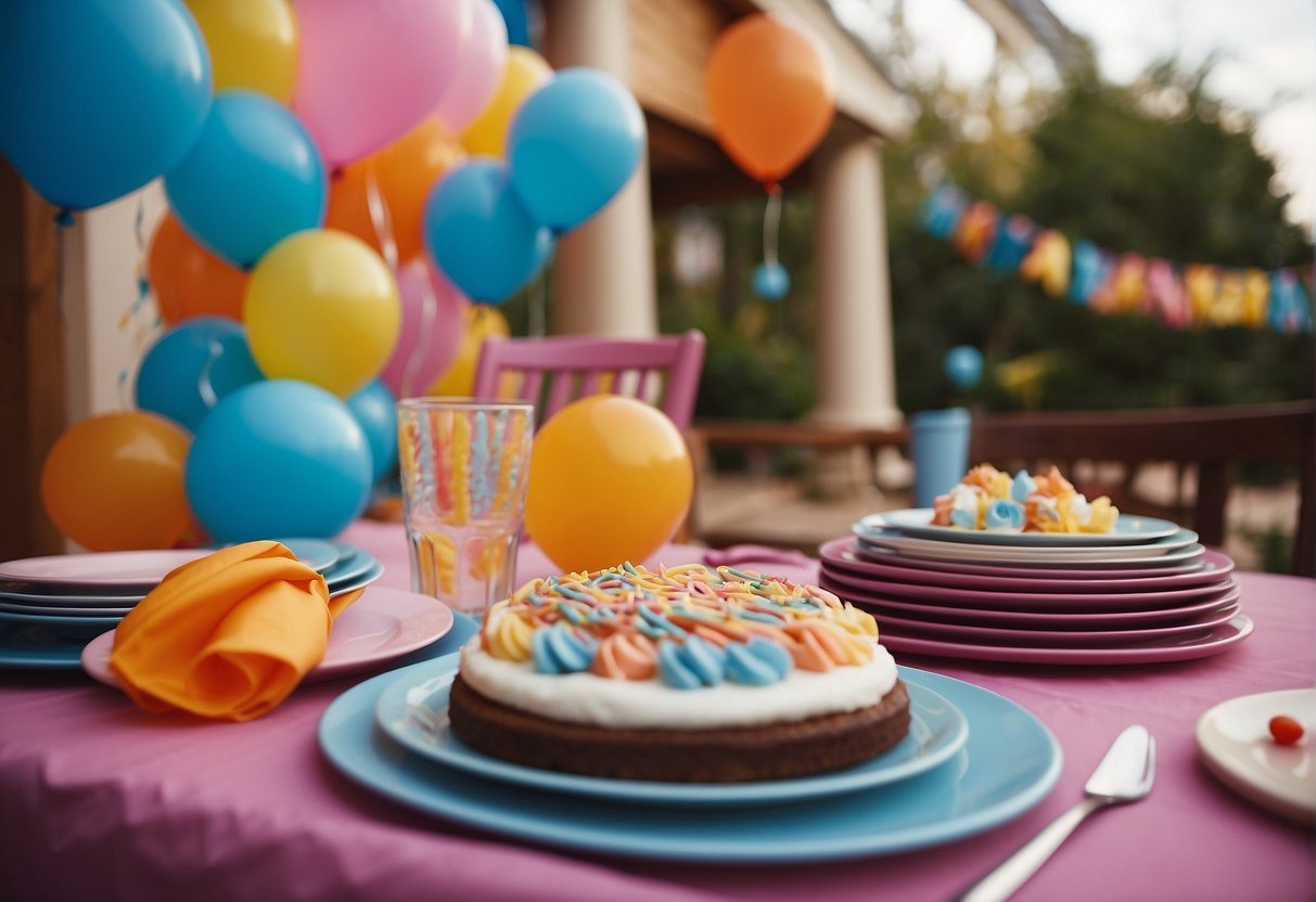 A colorful party venue with balloons, streamers, and a table set with plates, cups, and a birthday cake. Gifts and party favors are displayed on a nearby table