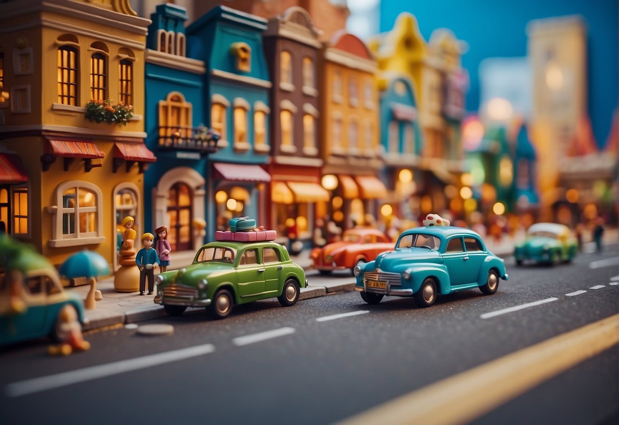 A colorful, bustling city filled with cartoonish characters and whimsical vehicles, with vibrant landscapes and interactive activities for kids to explore and enjoy