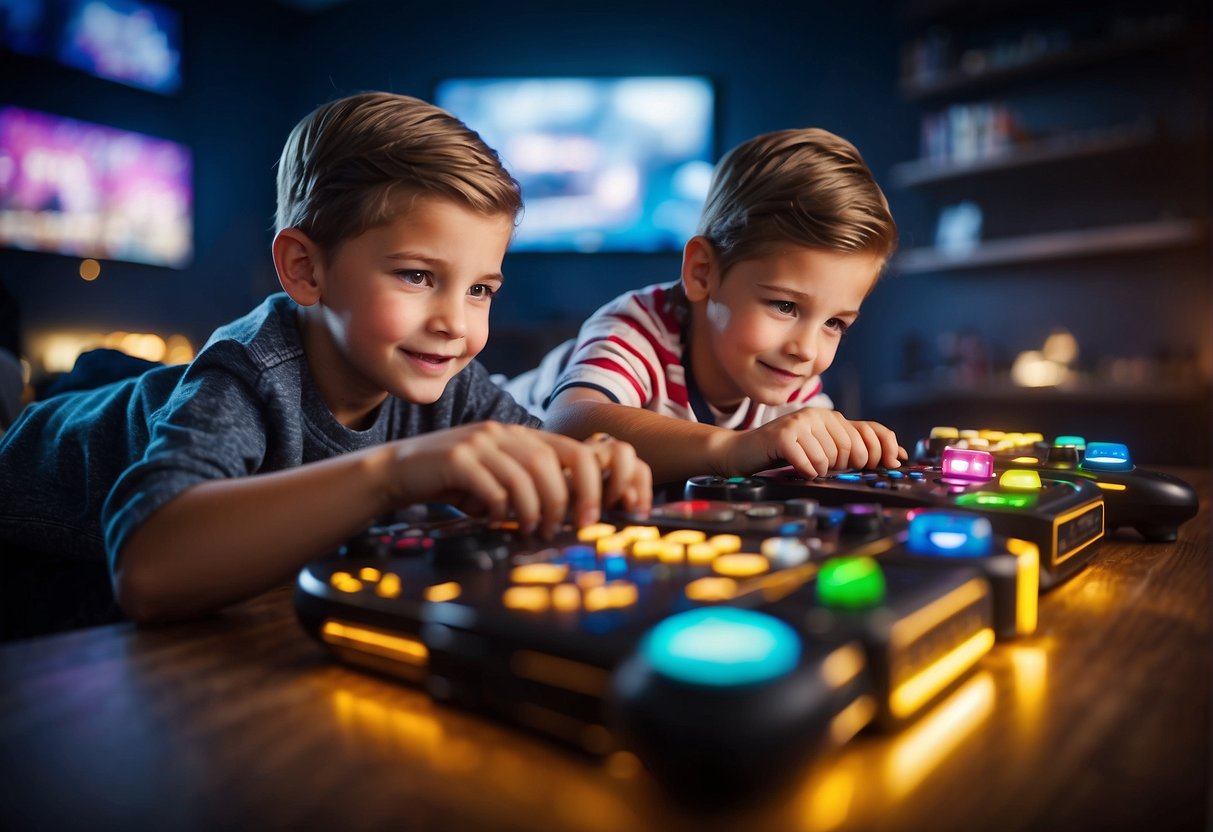 Children playing video games with colorful graphics and exciting action, resembling popular titles like GTA, surrounded by toys and snacks