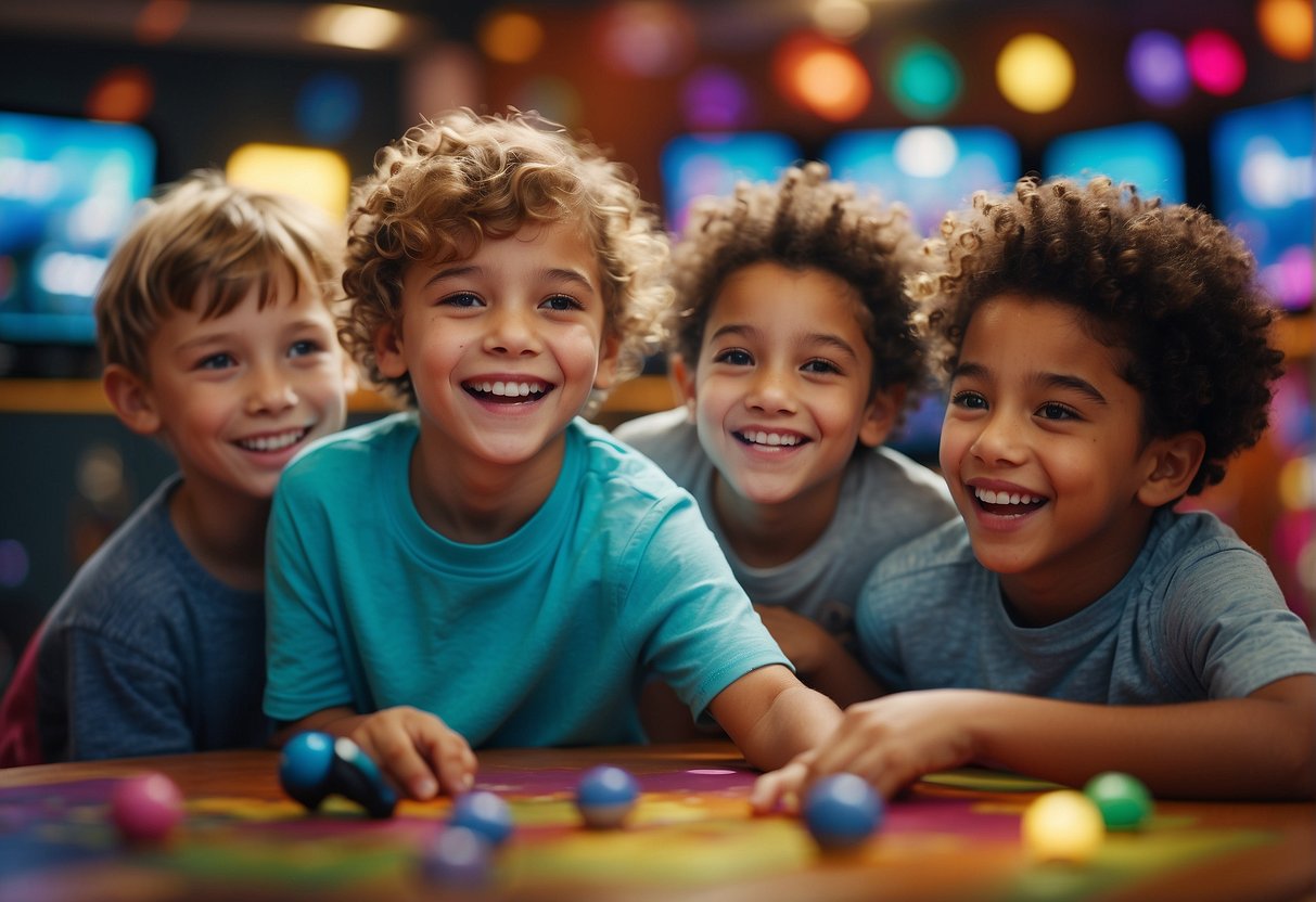 A group of kids playing a cartoonish, non-violent video game with bright colors and cheerful characters, set in a whimsical and imaginative world