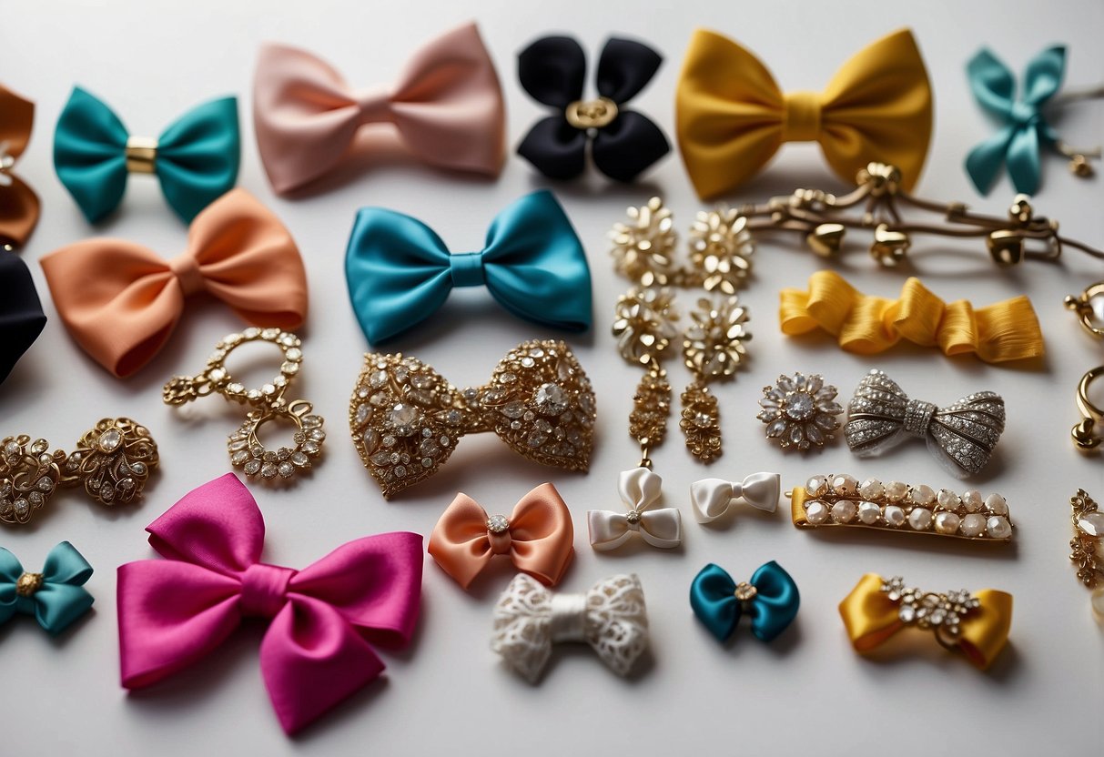 Various hair accessories and embellishments scattered on a desk, including bows, ribbons, clips, and headbands. Different hairstyles displayed on a wall chart