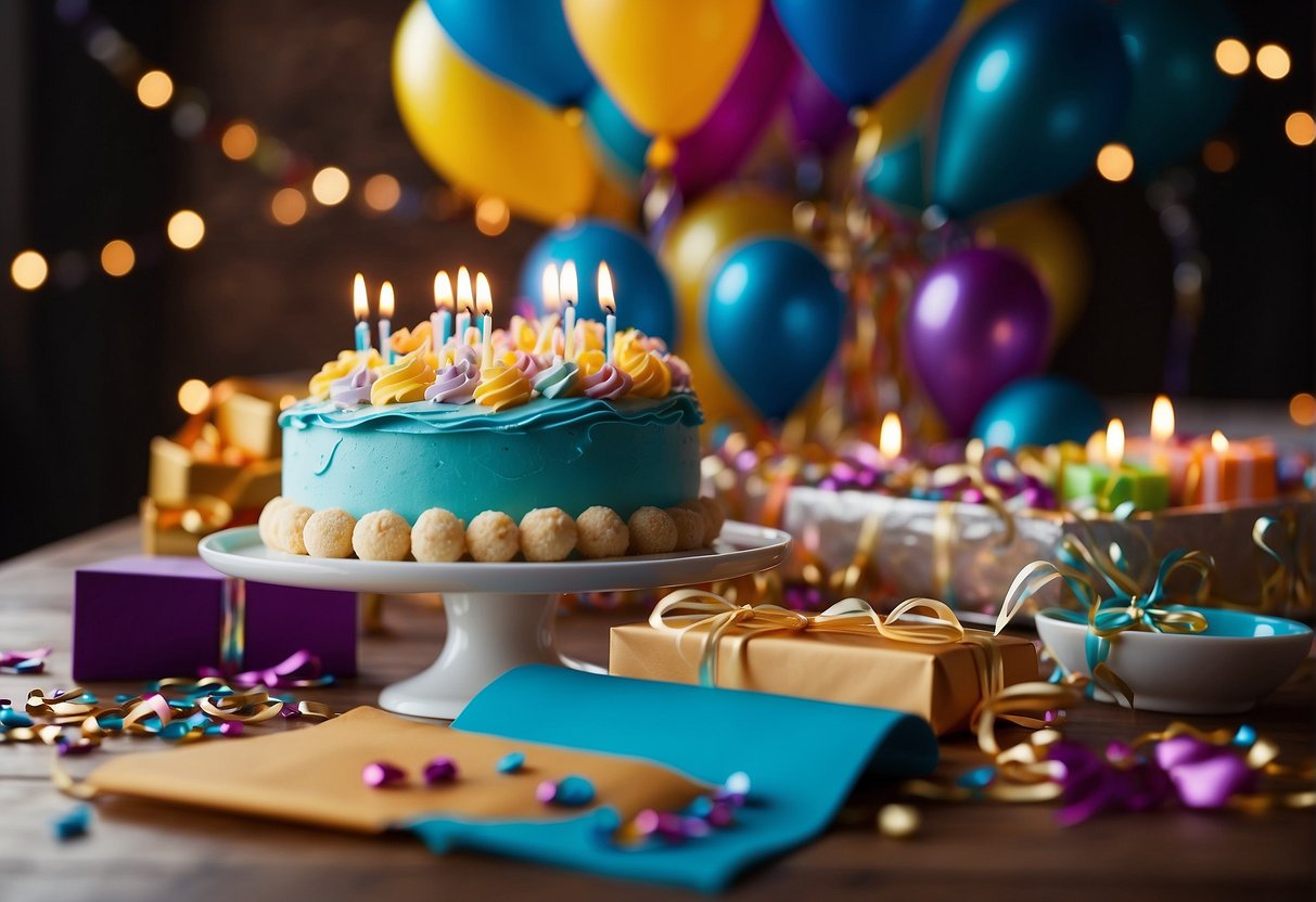 Colorful invitations and party favors scattered on a table, surrounded by balloons and streamers. A birthday cake with candles sits in the center, ready for the celebration