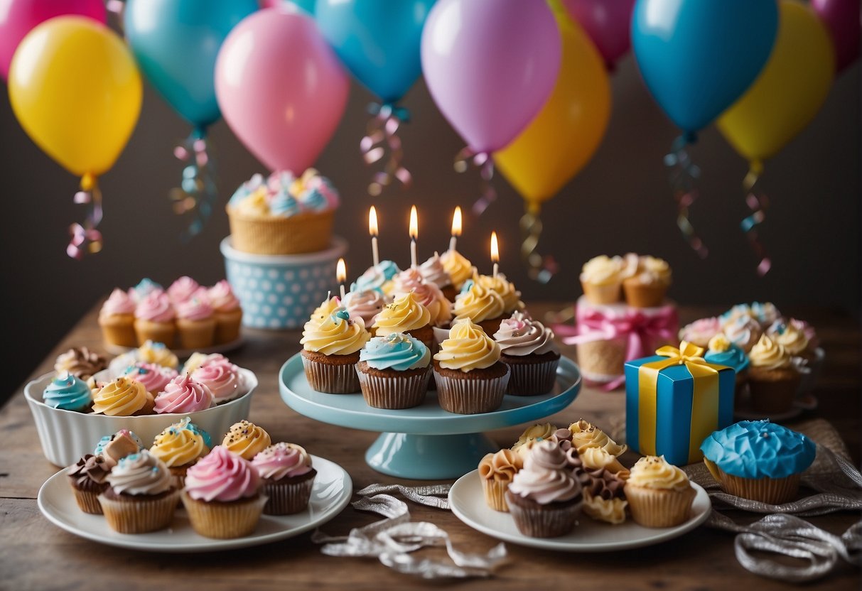 A table filled with colorful cupcakes, cookies, and a large birthday cake surrounded by balloons and party decorations