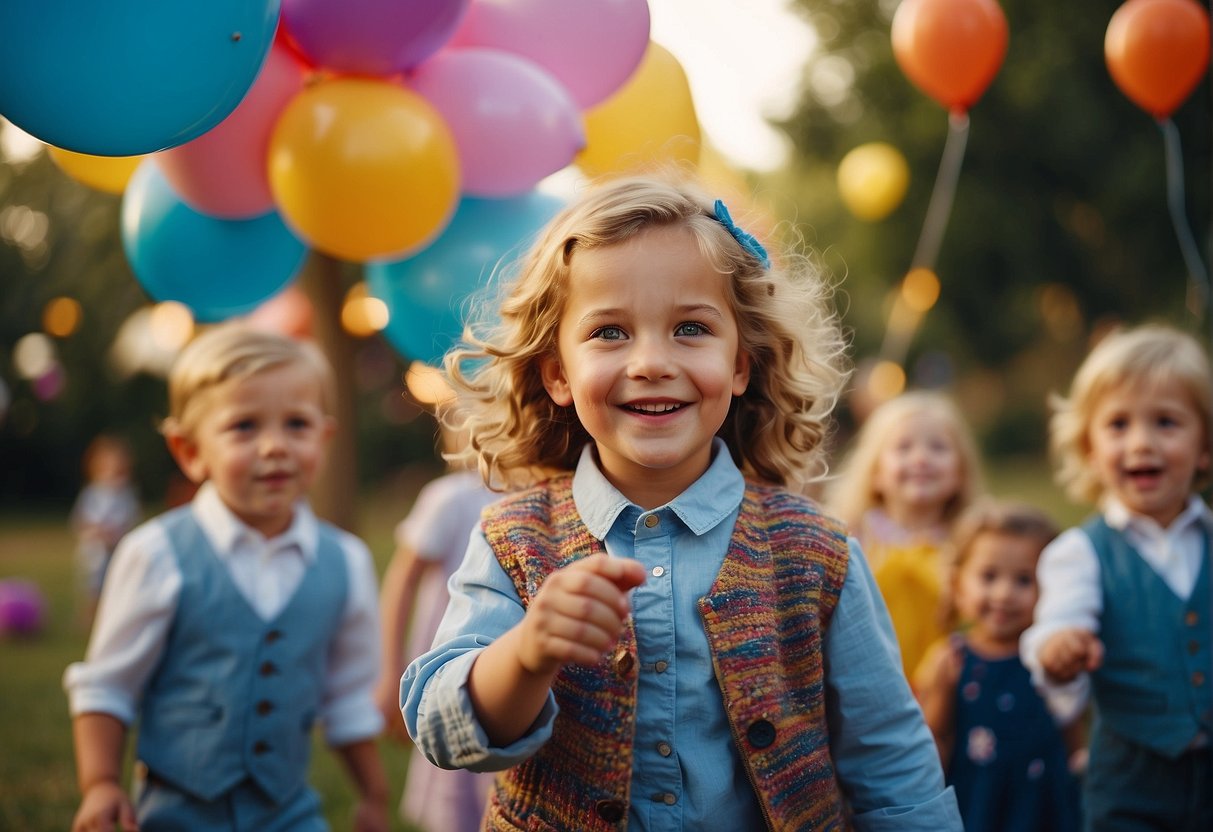 Children playing games, blowing up balloons, and enjoying a magician's show at a colorful birthday party