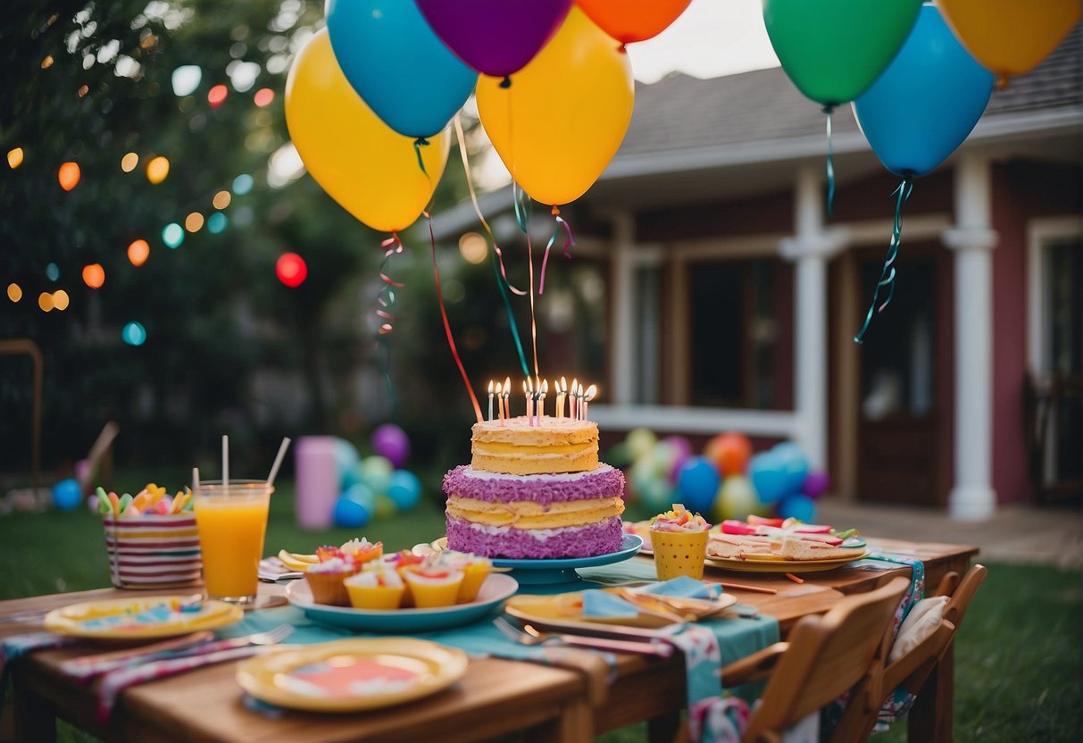 A colorful backyard with balloons, streamers, and a table set for a birthday party. A cake with candles, party favors, and games set up for kids to enjoy