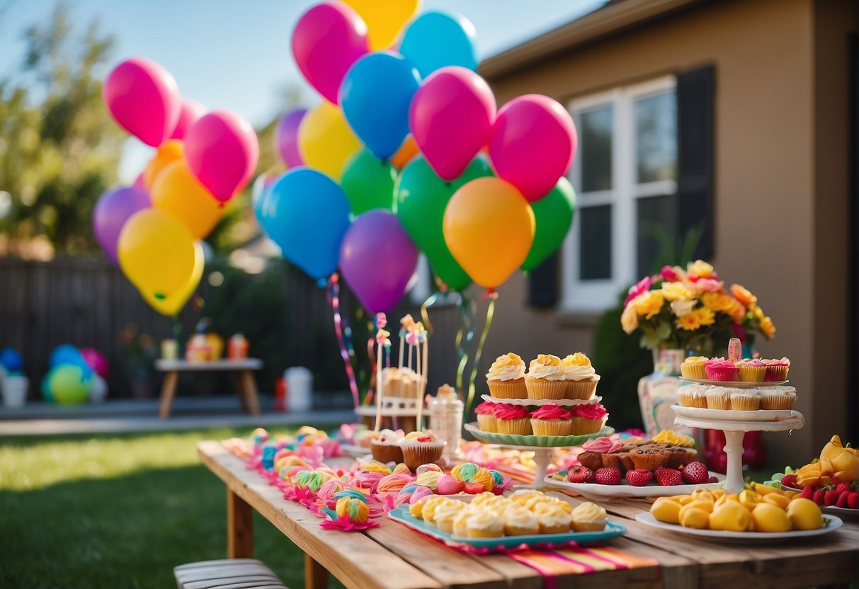 An outdoor backyard filled with colorful decorations, balloons, and a table set with cupcakes, snacks, and games for an 8-year-old birthday party