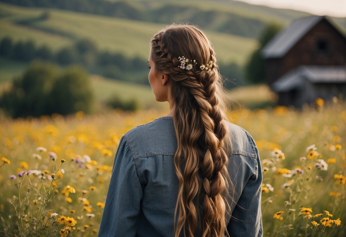 A young girl with long, flowing hair in braids, adorned with wildflowers, stands in a rustic countryside setting, surrounded by rolling hills and a quaint farmhouse
