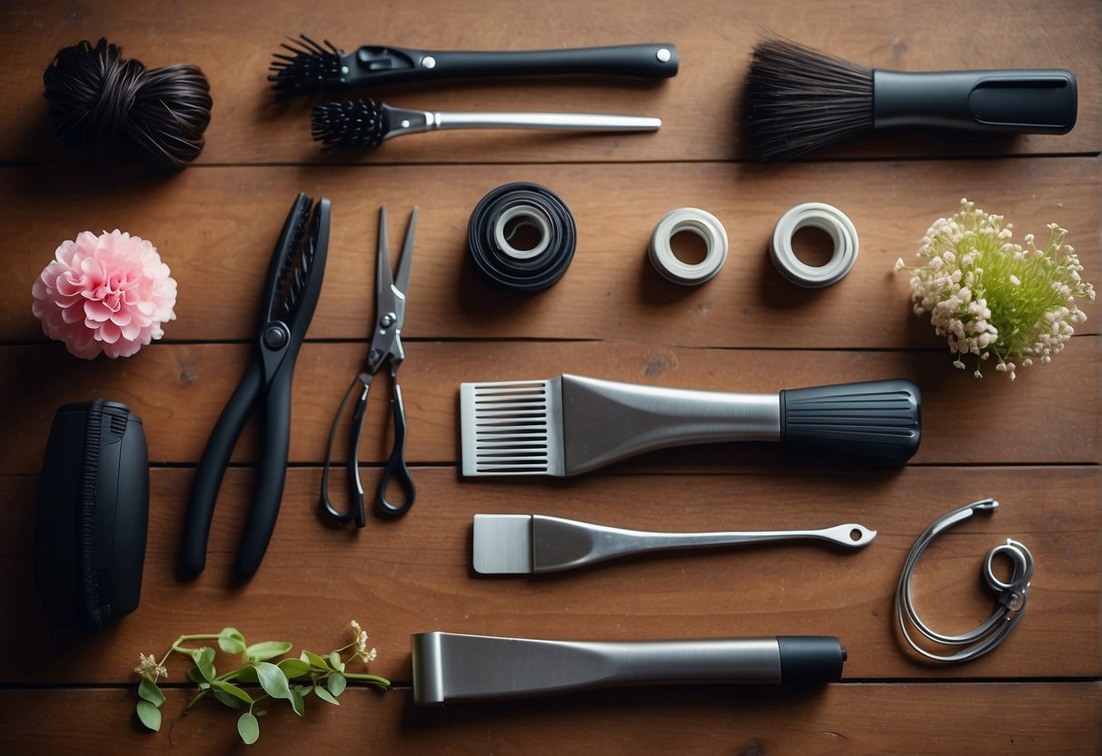 Various styling tools and products arranged on a rustic wooden table, with braided hair and floral accessories for cute country hairstyles