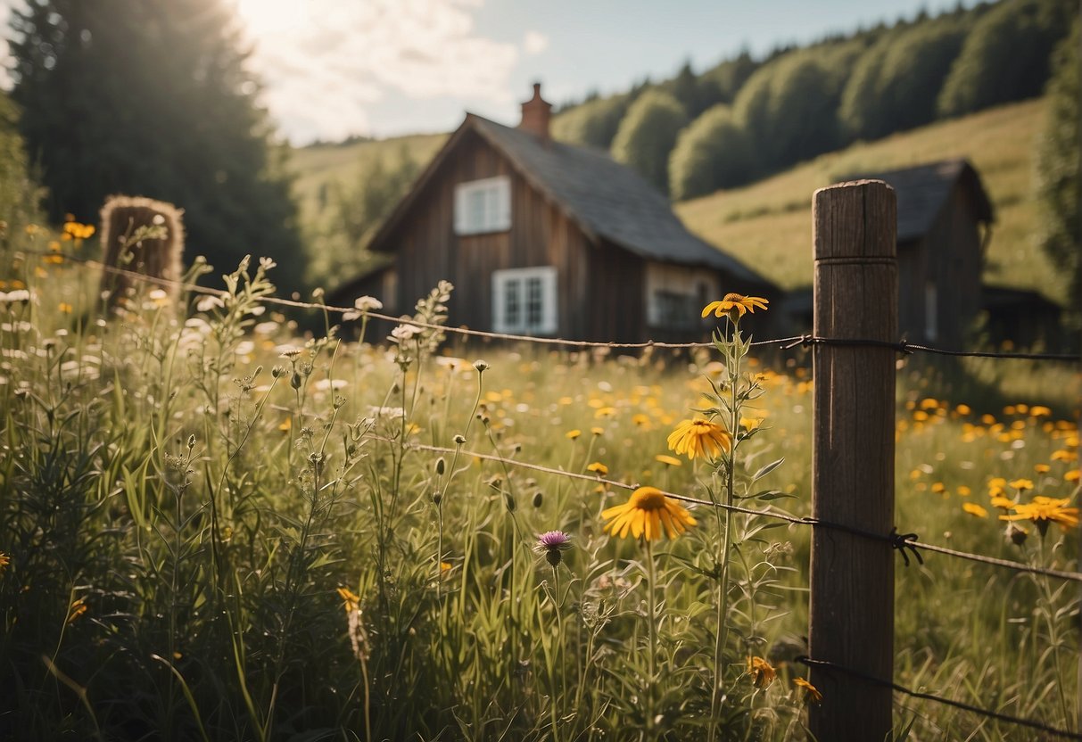 A sunny meadow with wildflowers, a rustic wooden fence, and a charming country cottage in the background