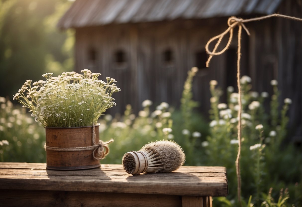 A rustic wooden barn with a charming garden backdrop. A clothesline hangs with freshly picked wildflowers. A vintage hairbrush and ribbon sit atop a weathered wooden stool