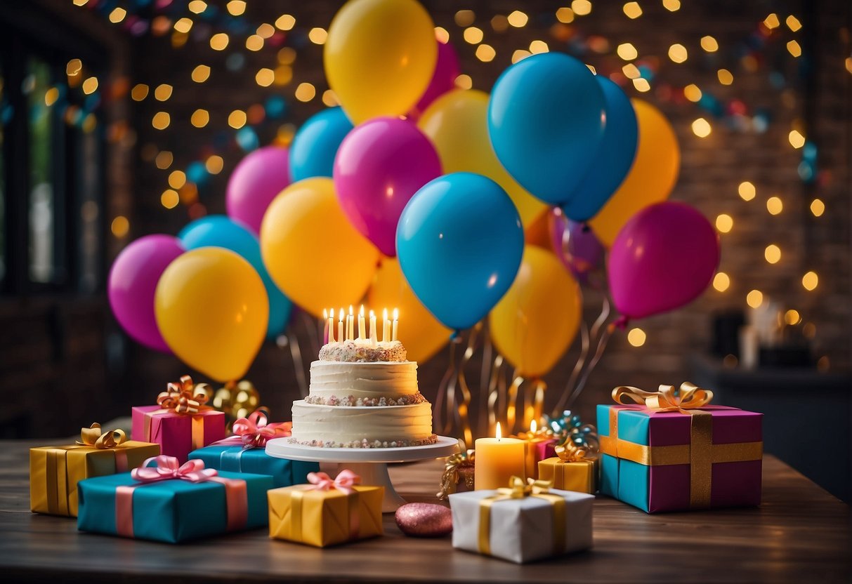 Colorful invitations scattered on a table, balloons and streamers decorating the room, a cake with candles, and a gift table with wrapped presents