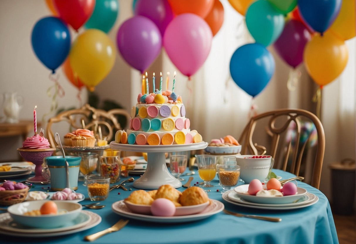 A table set with colorful plates, cups, and utensils. A variety of delicious food and a beautifully decorated birthday cake in the center. Balloons and streamers add a festive touch to the room