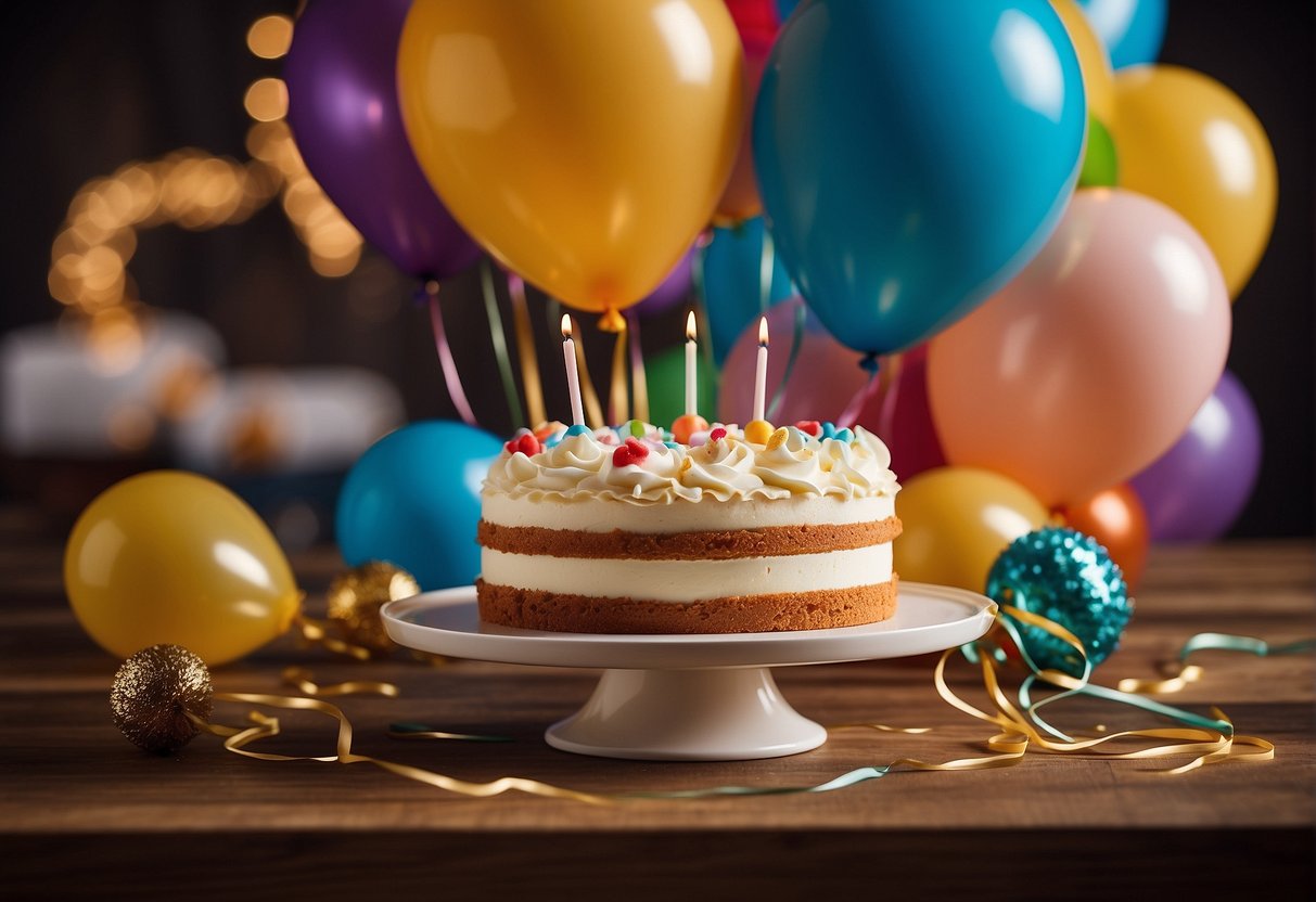 A table with balloons, streamers, and a cake. A checklist with items like invitations, decorations, and games. Kids playing and laughing in the background