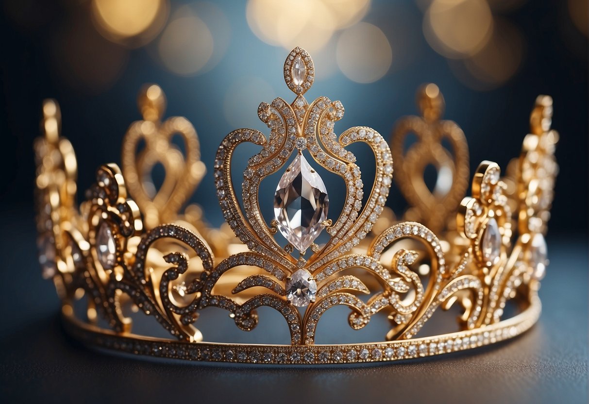 A sparkling tiara sits atop a cascade of luscious curls and waves, framing the face with elegance and glamour