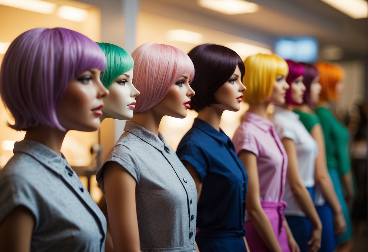 A colorful hair salon with a variety of hairstyles displayed on mannequins. A sign reads "Frequently Asked Questions hairstyles for sweet 16"