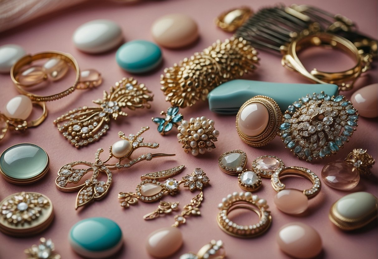 A table displaying various hair accessories for sweet 16 hairstyles, including headbands, hair clips, and decorative combs