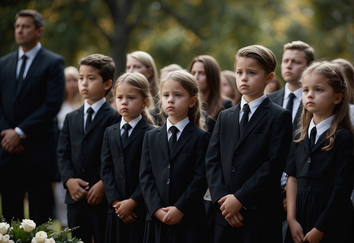 Children in somber attire, like dark suits or dresses, stand quietly at a funeral service, surrounded by grieving adults