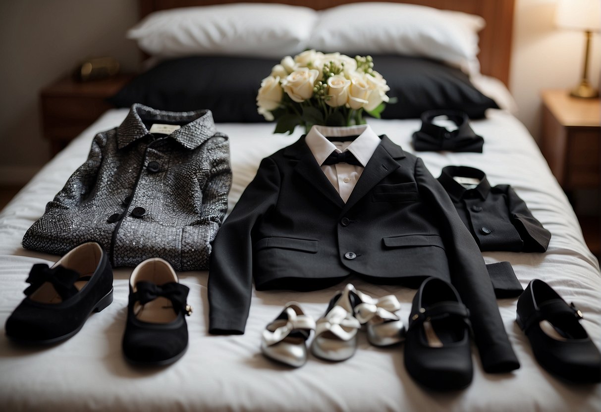 Children's funeral outfits laid out on a bed, including somber dresses, suits, and shoes. Accessories like ties and hair bows are neatly arranged