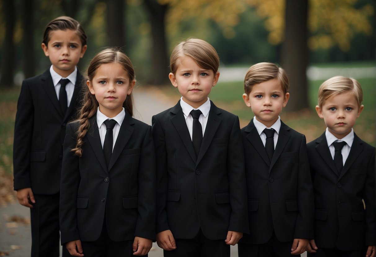 Children in somber attire, wearing dark clothing and possibly a black suit or dress. They may also have on formal shoes and accessories like a tie or a hair bow