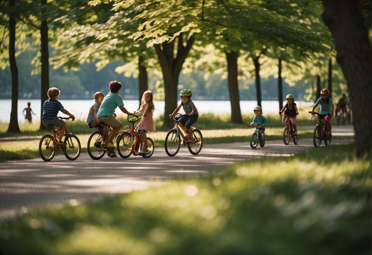 Families picnic in a lush park, kids play on a colorful playground, while others ride bikes and rollerblade along a scenic waterfront path in Toronto