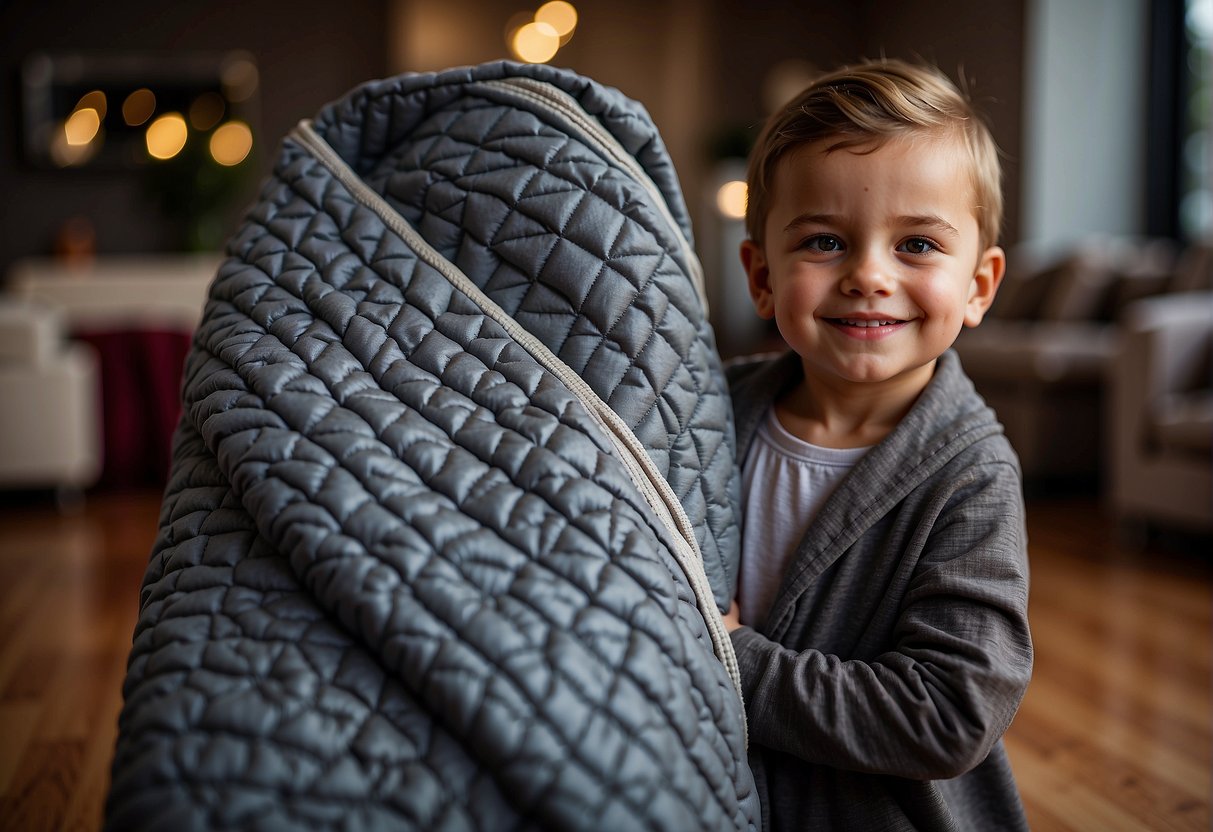 A child holding a small weighted blanket while standing next to a larger, adult-sized weighted blanket. Both blankets are displayed in a cozy, inviting setting