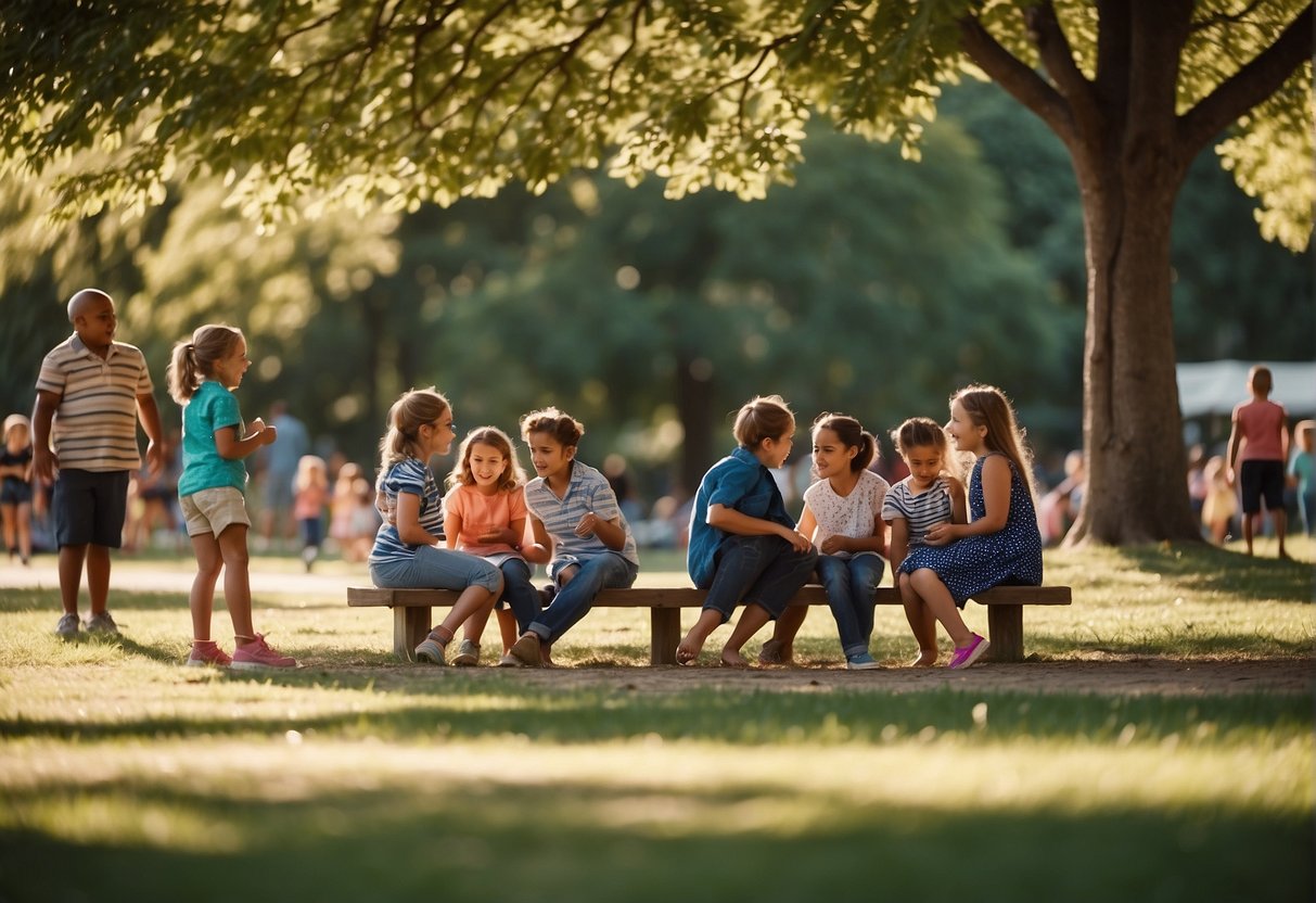 Families gather at a park, kids play in a colorful playground, while others enjoy a picnic under the shade of a large tree. Nearby, a group of children engage in a game of tag, and parents relax on benches, chatting and enjoying the