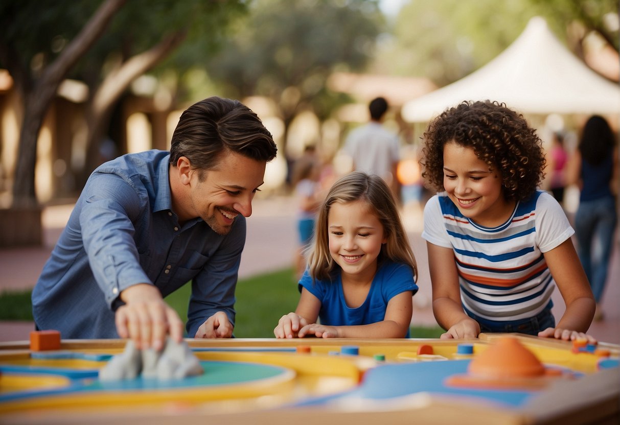 Families explore Scottsdale's attractions, visiting parks, museums, and interactive exhibits. Children play and learn in a vibrant, family-friendly environment