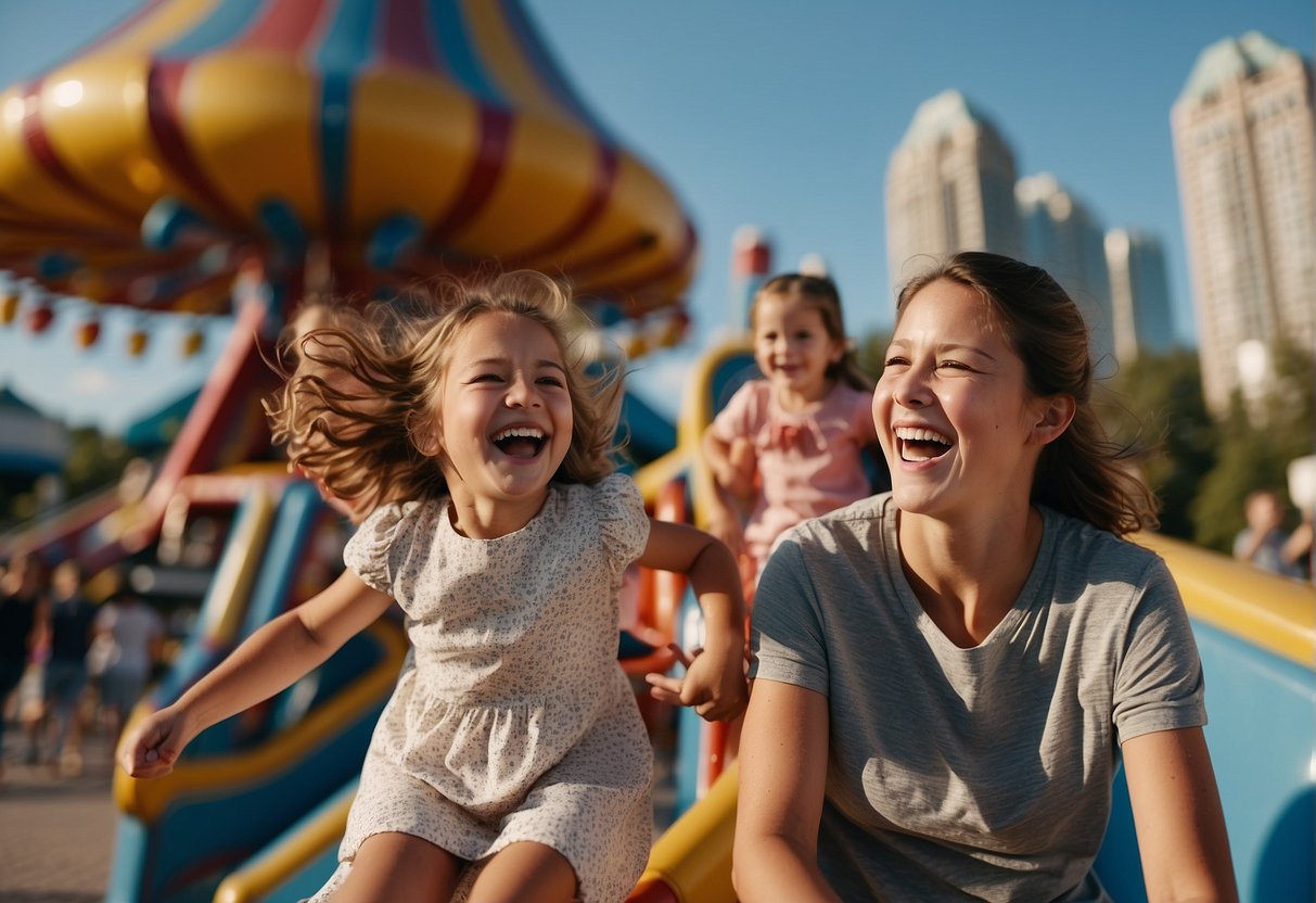 Families laughing and playing at a colorful amusement park in Montreal, with a backdrop of iconic city landmarks