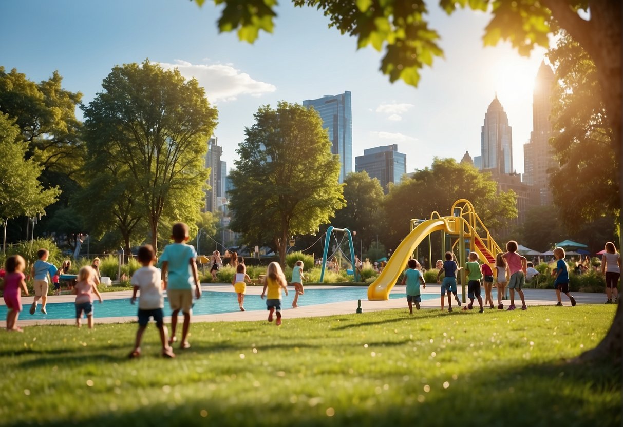 Children playing in a colorful playground, surrounded by lush green trees and a sparkling river. Families picnicking on the grass, with a backdrop of a vibrant city skyline