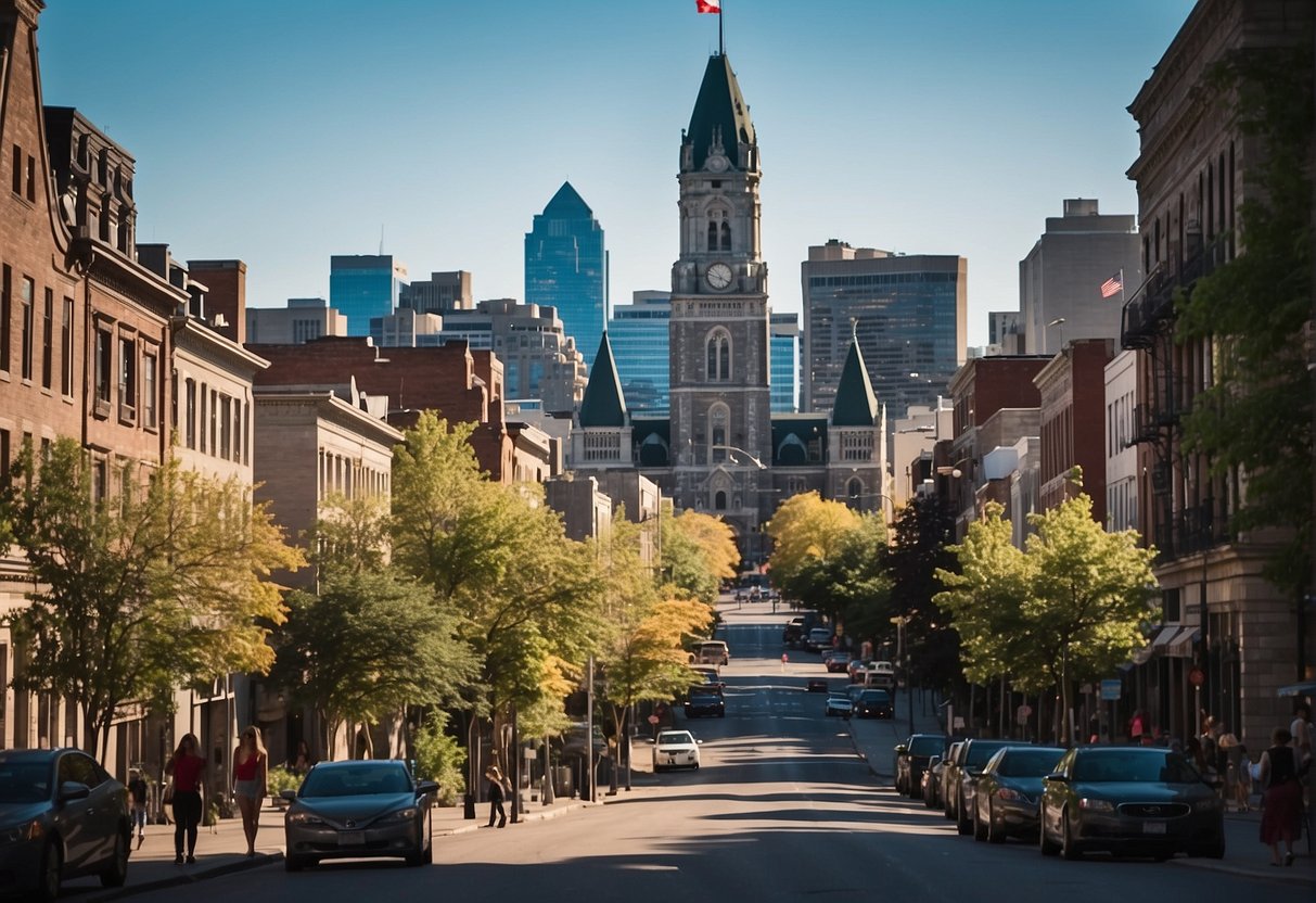 Montreal's historic buildings stand tall amidst vibrant street art and bustling markets, while families stroll through charming neighborhoods