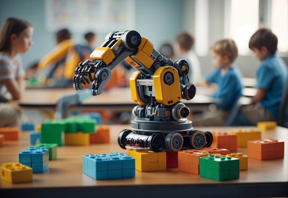 Robotic arms assemble colorful blocks in a classroom, while a group of kids watch with fascination and curiosity