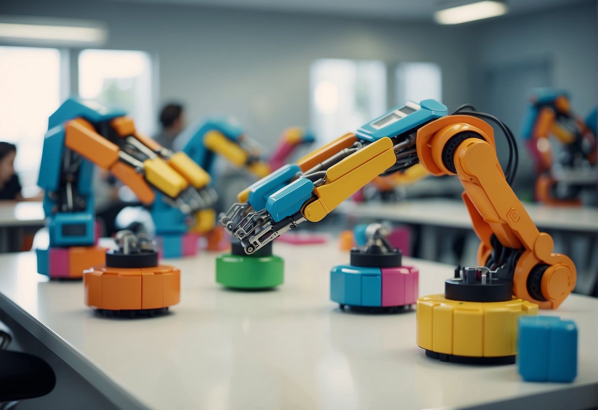 Robotic arms assemble colorful blocks in a bright, futuristic classroom. Students watch in amazement as the robots move with precision and agility