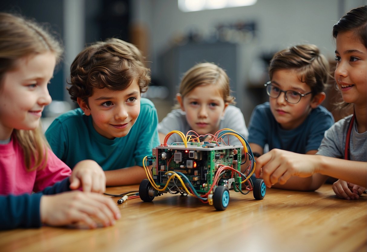 A group of children gather around a table filled with colorful robot kits, wires, and circuit boards. They eagerly listen to their instructor explain the basics of robotics, their eyes filled with excitement and curiosity