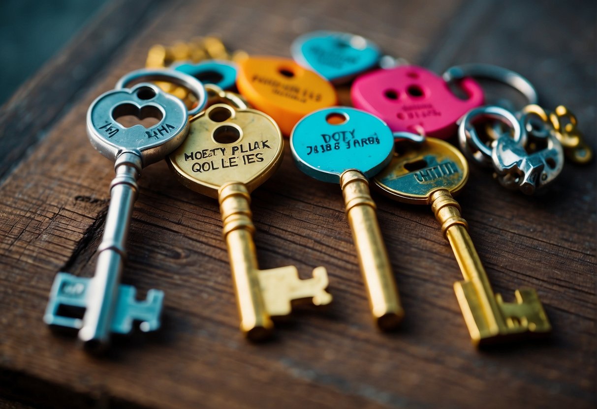 Children's favorite keys: colorful, oversized, and jingly. Includes toy keys, old-fashioned skeleton keys, and keychains with fun characters