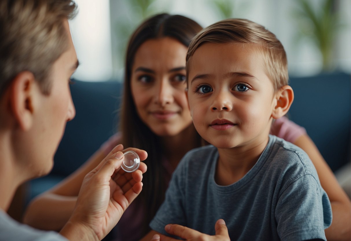 A young child holding a pair of contact lenses, while a parent or guardian looks on with concern and guidance