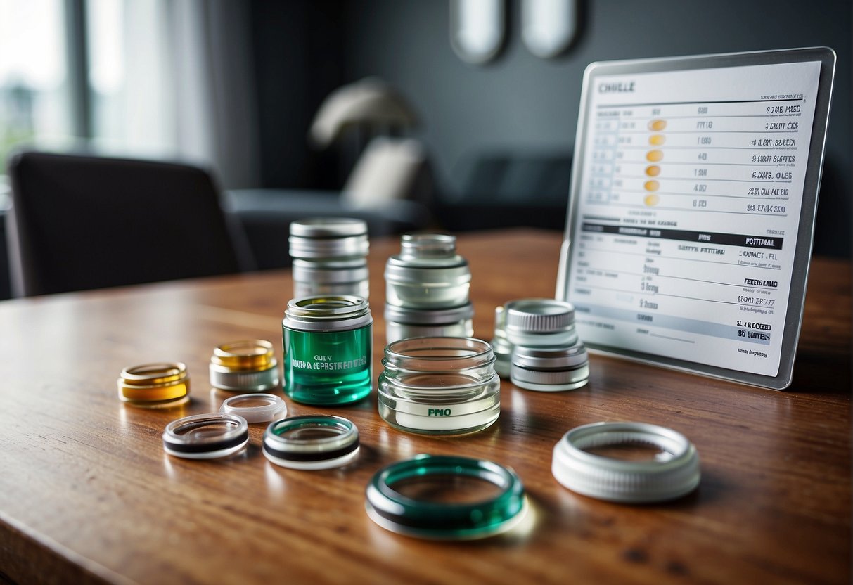 A table with various types of contact lenses, including sizes and colors, next to a chart showing recommended ages for wearing contacts