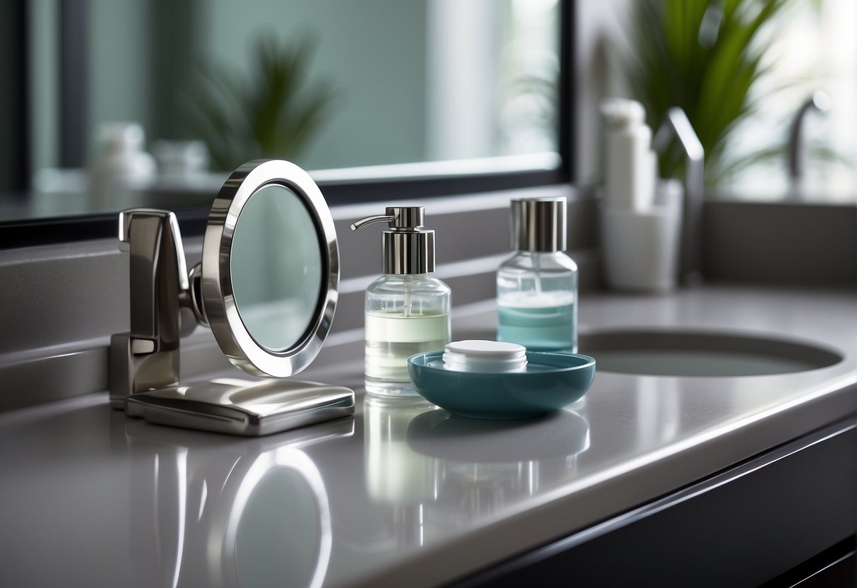 A clean and organized bathroom counter with a contact lens case, solution, and a pair of contact lenses neatly laid out