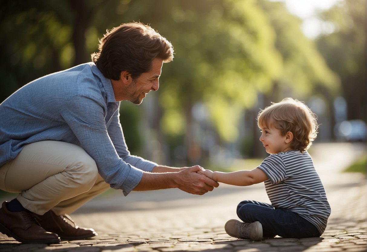 Two children interact, one reaches out to touch the other. A parent or caregiver steps in to provide guidance and support