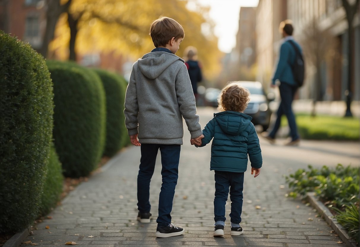 Two children standing apart, one child touching the other. A concerned adult observing and stepping in to address the situation