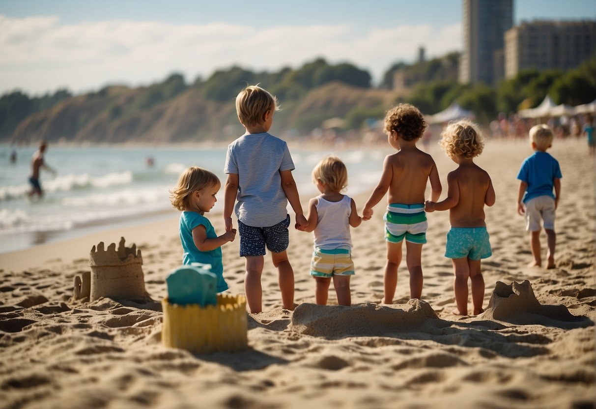 A family enjoys a day at the beach, building sandcastles and playing in the waves, while others explore a nearby zoo and amusement park