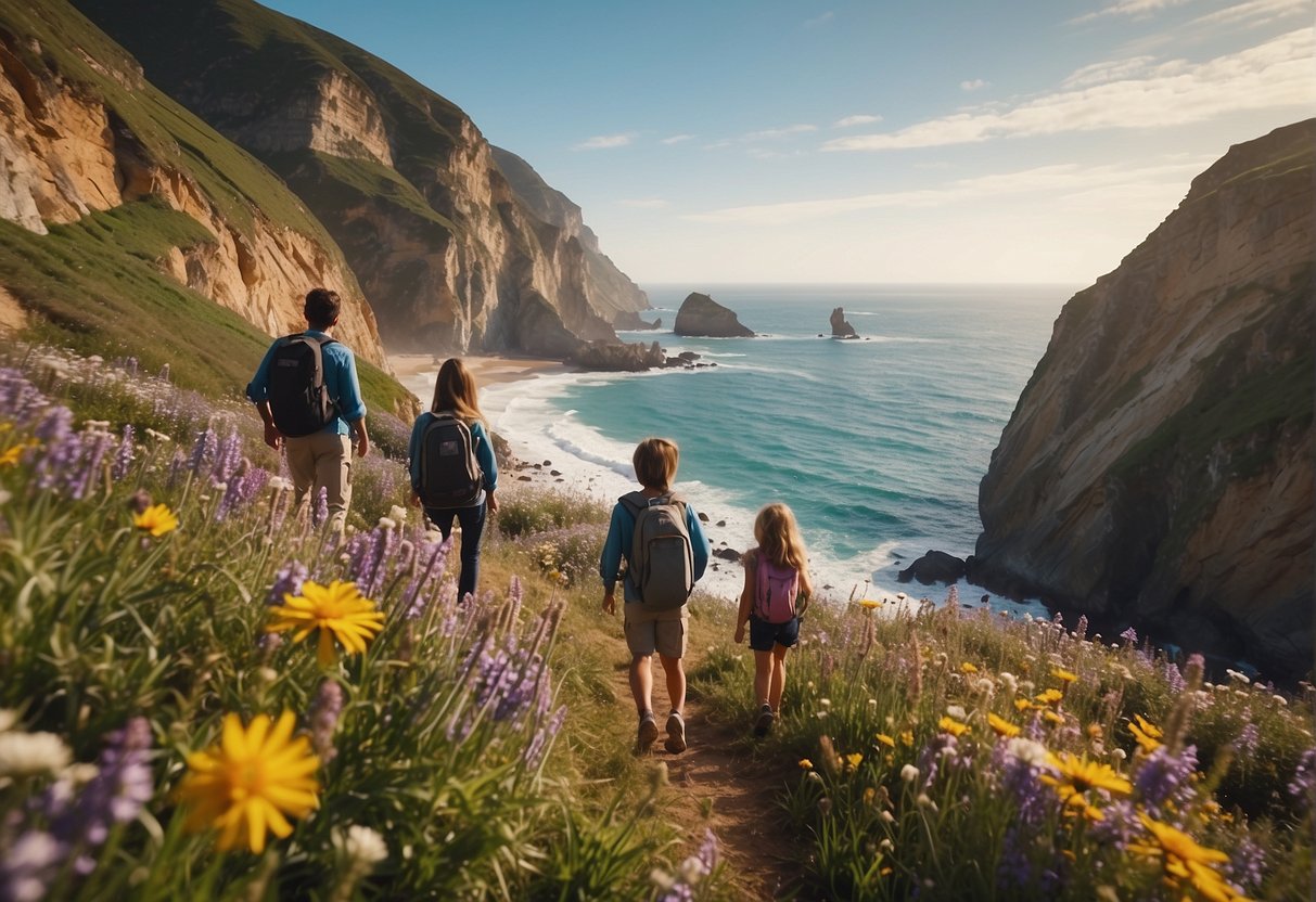 A family hikes along a coastal trail, passing by vibrant wildflowers and towering cliffs. The children point excitedly at a pod of dolphins leaping in the sparkling ocean waves