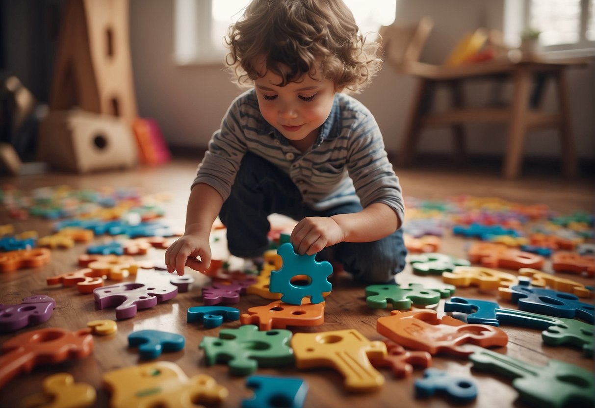 Children play with colorful, oversized keys in a whimsical, puzzle-filled room. A mix of old-fashioned and modern keys are scattered on the floor