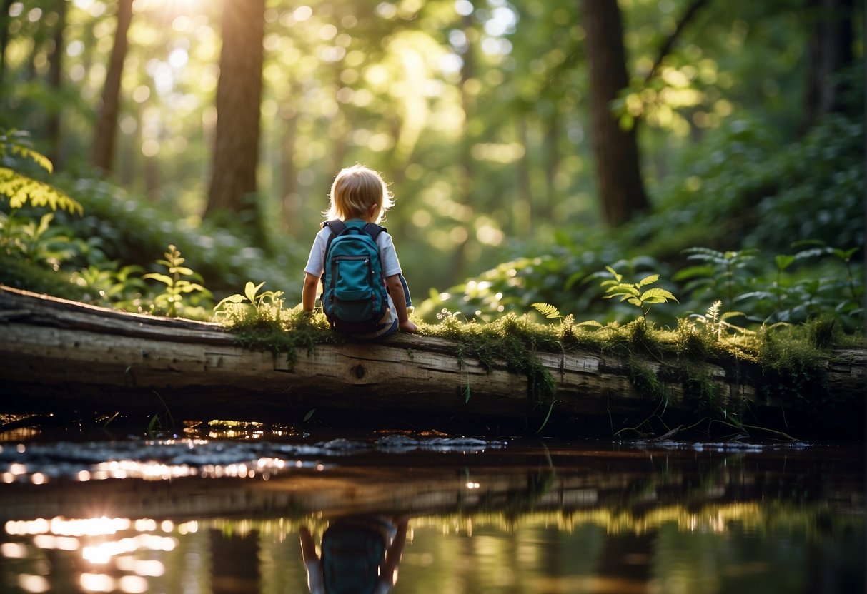 Children exploring a lush forest, climbing over fallen logs and searching for wildlife. A nearby stream glistens in the sunlight, with dragonflies hovering over the water