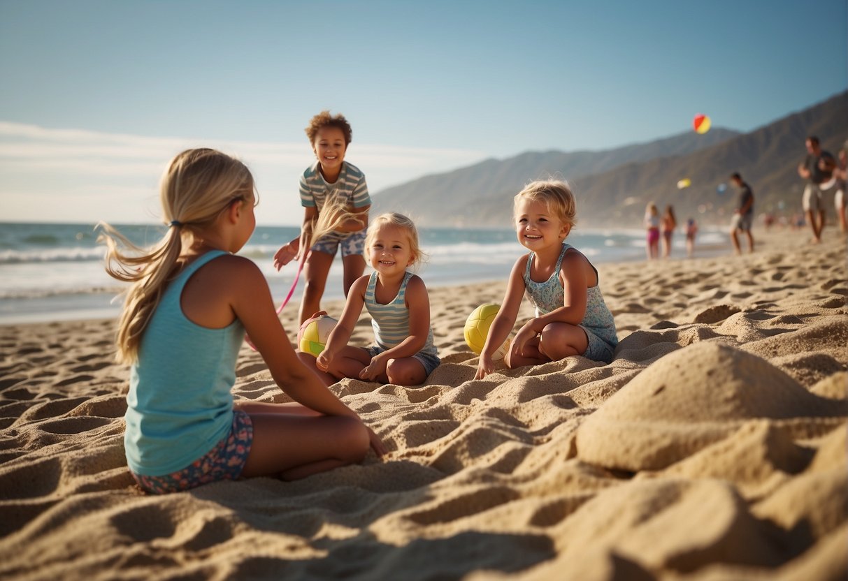 Families playing beach volleyball, building sandcastles, and flying kites on a sunny California beach