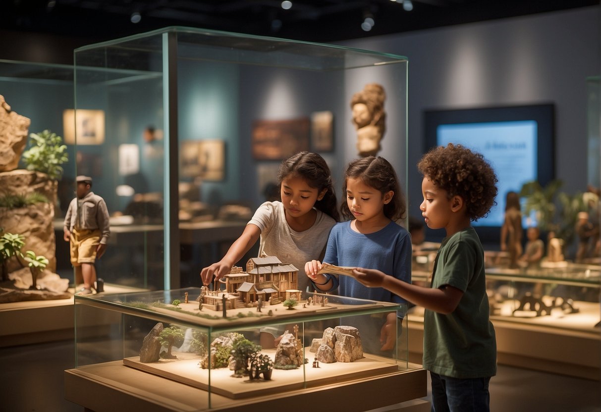 Children explore a museum exhibit on California's diverse cultures. They interact with hands-on educational displays and learn about the state's history and traditions