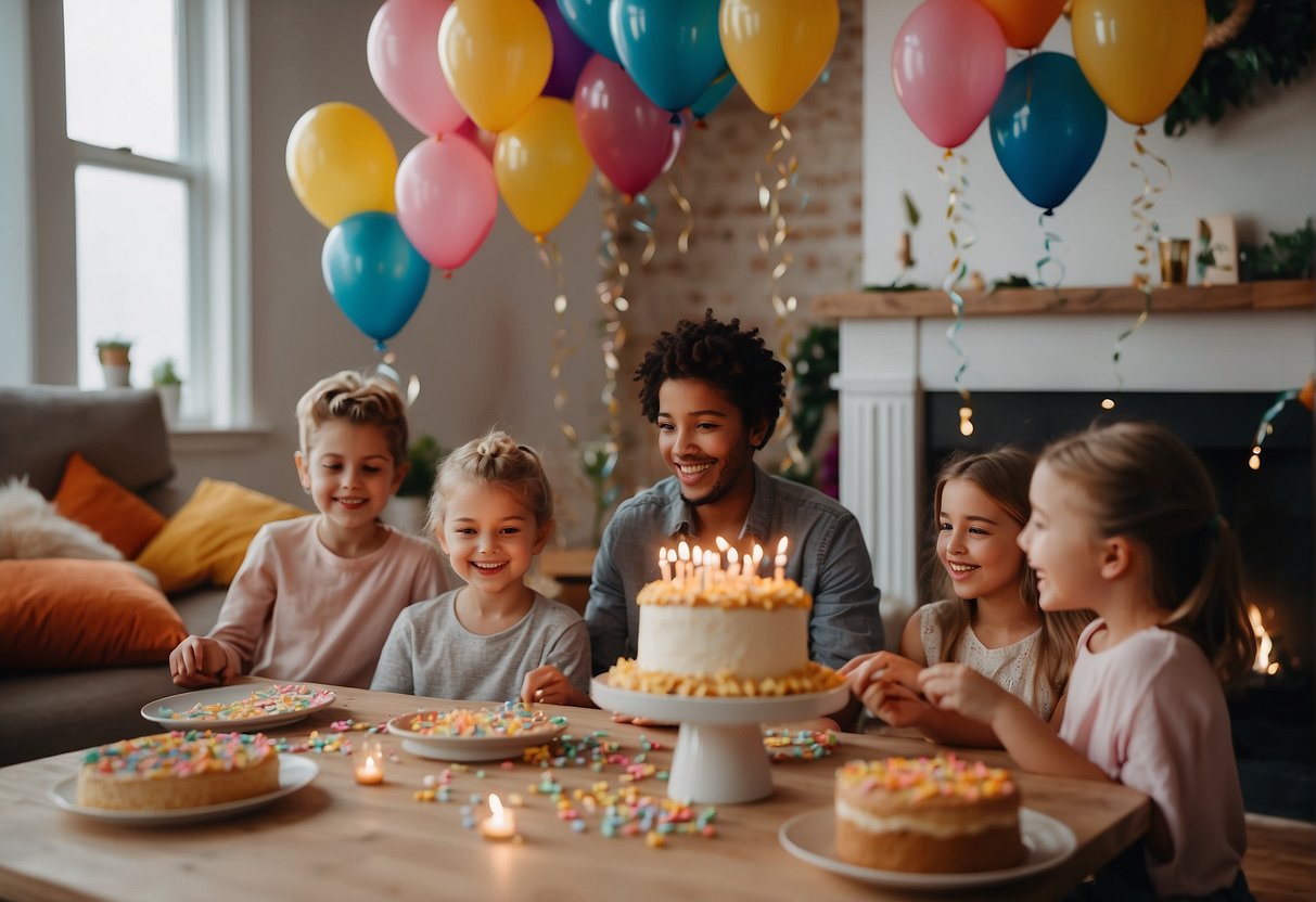 Colorful balloons, confetti, and a birthday cake with candles, surrounded by joyful kids opening presents and reading heartfelt birthday messages in a cozy living room